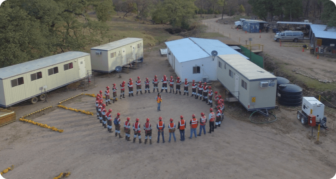 Globexplore Drilling workers gathered in a circle during a meeting with the safety committee, emphasizing collaboration and commitment to a secure work environment.